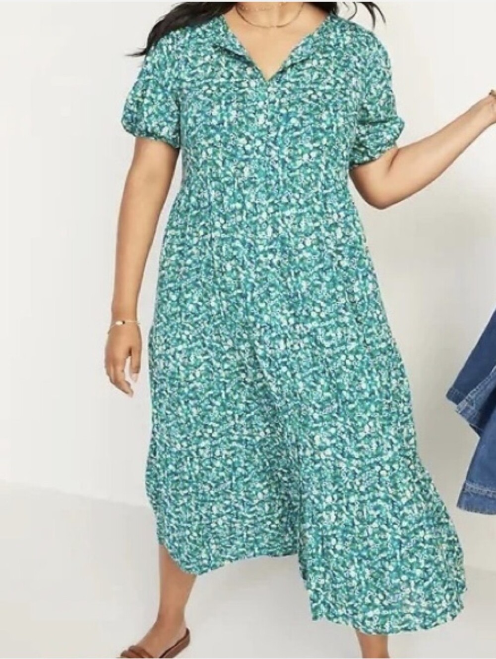 Old Navy Floral Puff-Sleeve Button-Front Midi Swing Dress Size Large